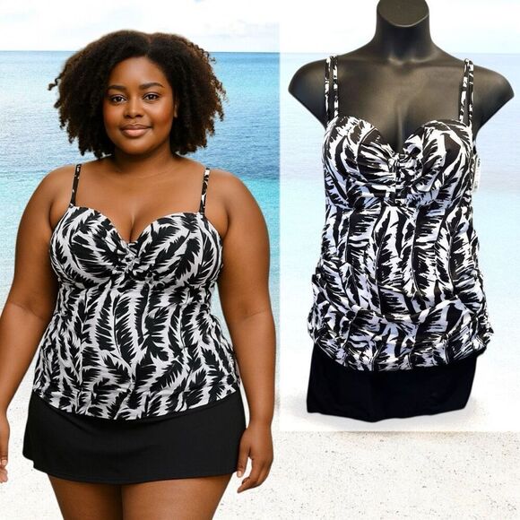 Lane Bryant Black & White Palm Leaves Relaxed Underwire Swim Tankini Top 40DD NW - Picture 1 of 16